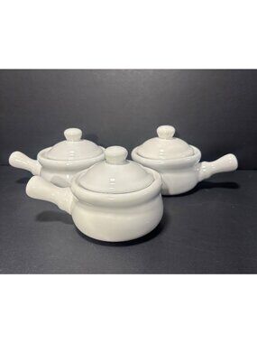 Cooks club White Stoneware French Onion Soup Bowls With Lids Set Of 3 Vintage90s